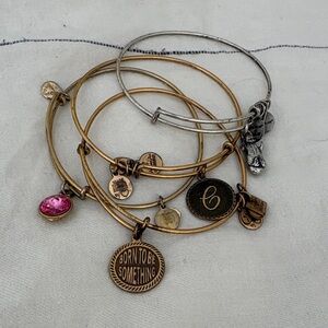 Alex and Ani Mixed Metal Charm Bangle Set with Pink Accent